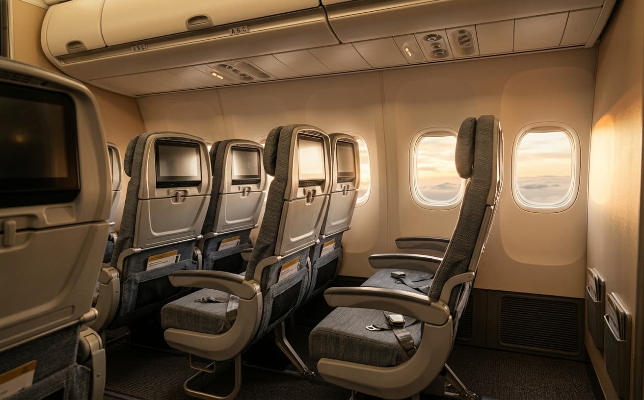 Standard Economy seats beside airplane windows at golden hour