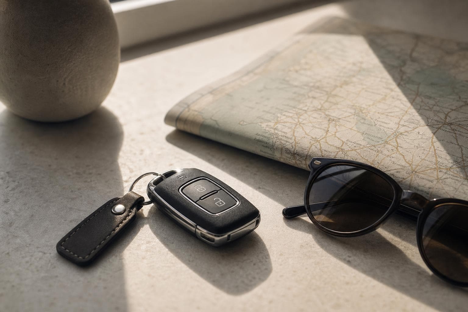 Car keys and a folded road map on a sunlit stone counter