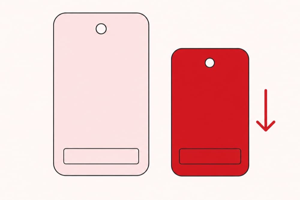 A flat illustration of two price tags side by side, the cheaper one filled in red