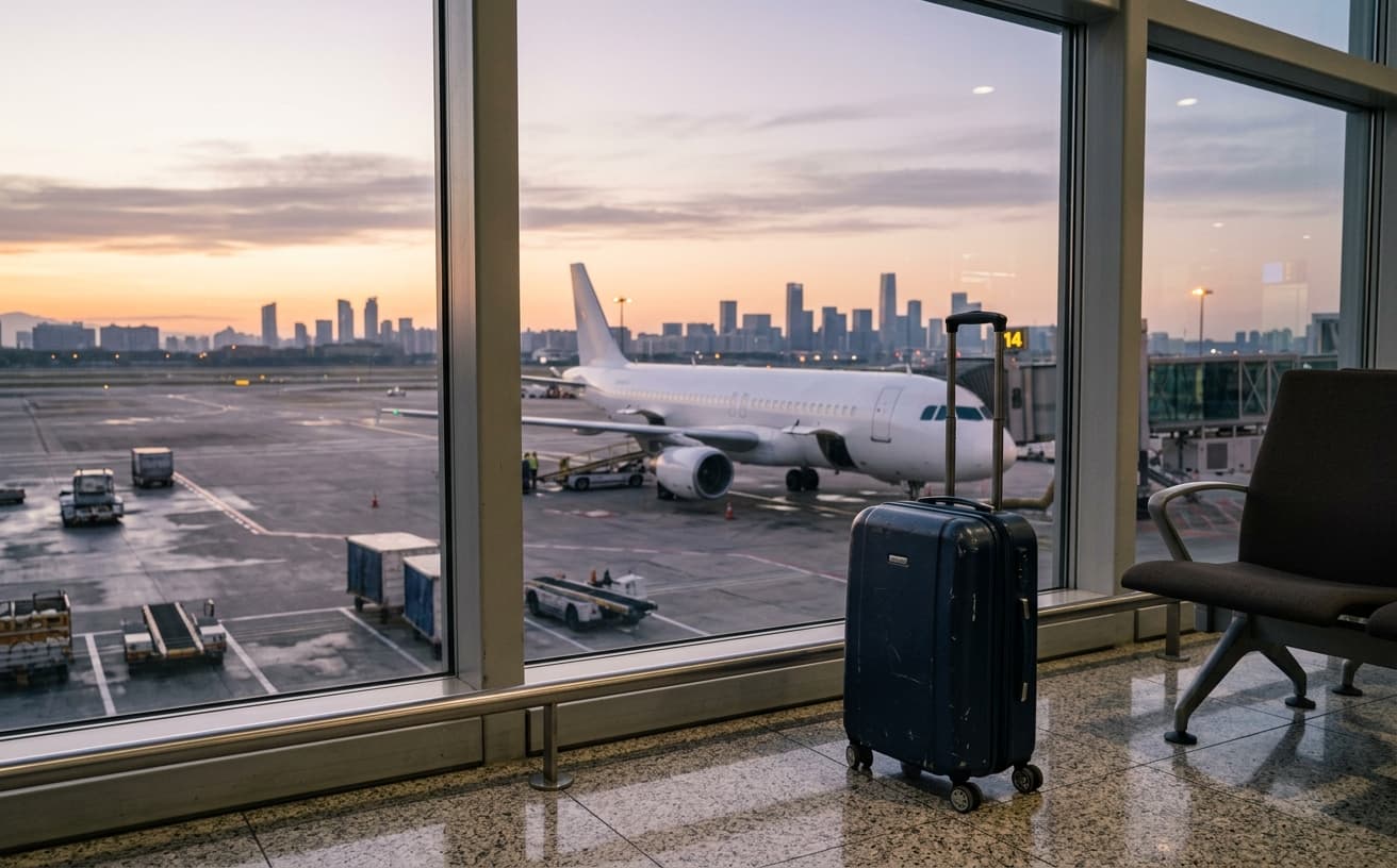 Carry-on suitcase beside an airport window overlooking an aircraft and Asian skyline at dawn